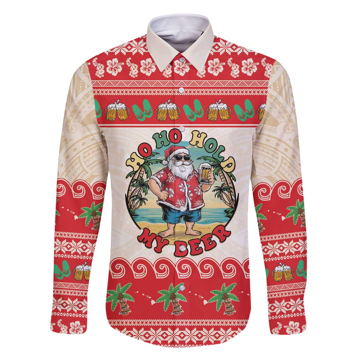 Mele Kalikimaka Hawaii Family Matching Off The Shoulder Long Sleeve Dress and Hawaiian Shirt Funny Beer-Loving Santa Hawaiian Tropical - Polynesian Pride