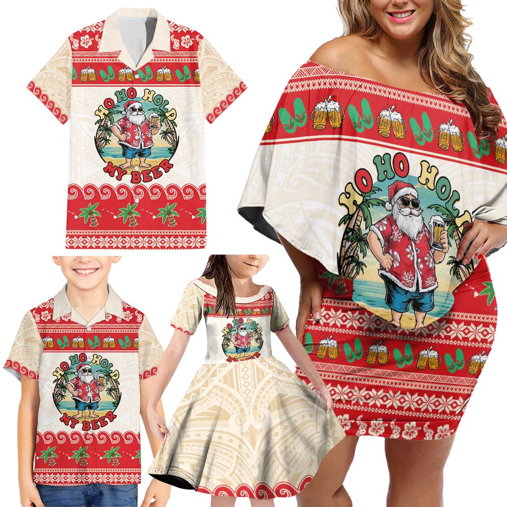 Mele Kalikimaka Hawaii Family Matching Off Shoulder Short Dress and Hawaiian Shirt Funny Beer-Loving Santa Hawaiian Tropical - Polynesian Pride