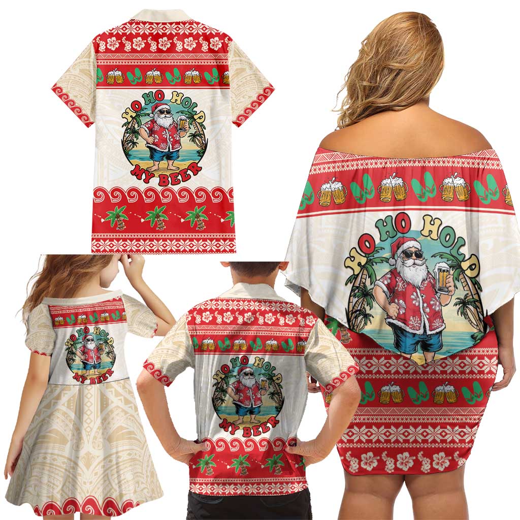Mele Kalikimaka Hawaii Family Matching Off Shoulder Short Dress and Hawaiian Shirt Funny Beer-Loving Santa Hawaiian Tropical - Polynesian Pride