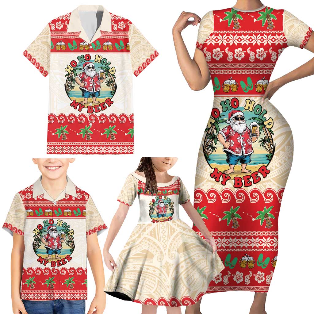 Mele Kalikimaka Hawaii Family Matching Short Sleeve Bodycon Dress and Hawaiian Shirt Funny Beer-Loving Santa Hawaiian Tropical - Polynesian Pride