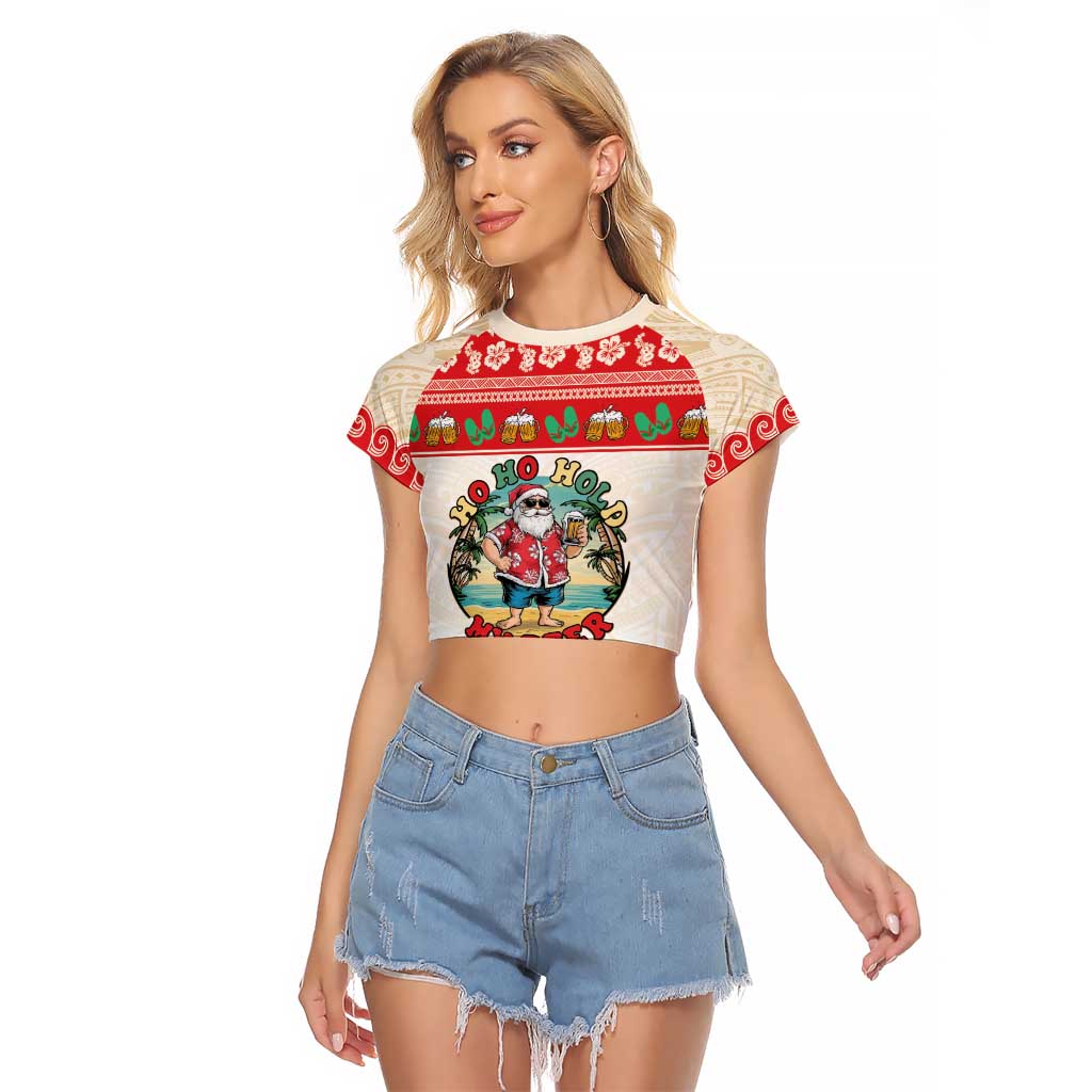 Mele Kalikimaka Hawaii Raglan Cropped T Shirt Funny Beer-Loving Santa Hawaiian Tropical - Polynesian Pride