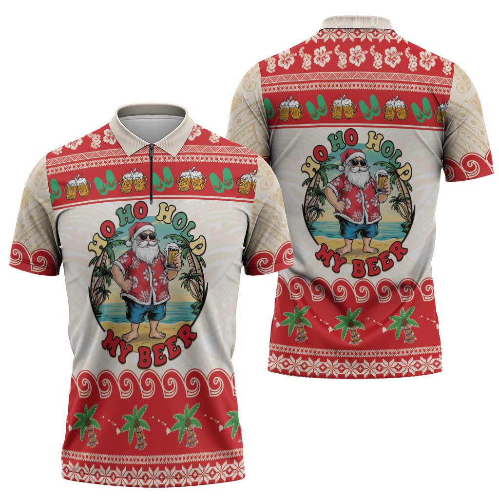 Mele Kalikimaka Hawaii Zipper Polo Shirt Funny Beer-Loving Santa Hawaiian Tropical - Polynesian Pride
