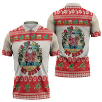 Mele Kalikimaka Hawaii Zipper Polo Shirt Funny Beer-Loving Santa Hawaiian Tropical - Polynesian Pride