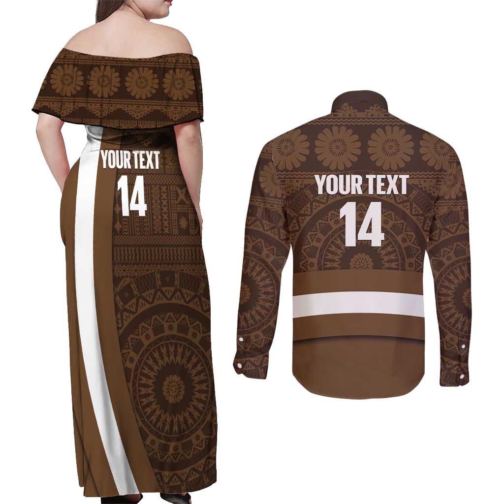 Bula Fiji Football Custom Couples Matching Off Shoulder Maxi Dress and Long Sleeve Button Shirt One Vanua One Team Tapa Pattern