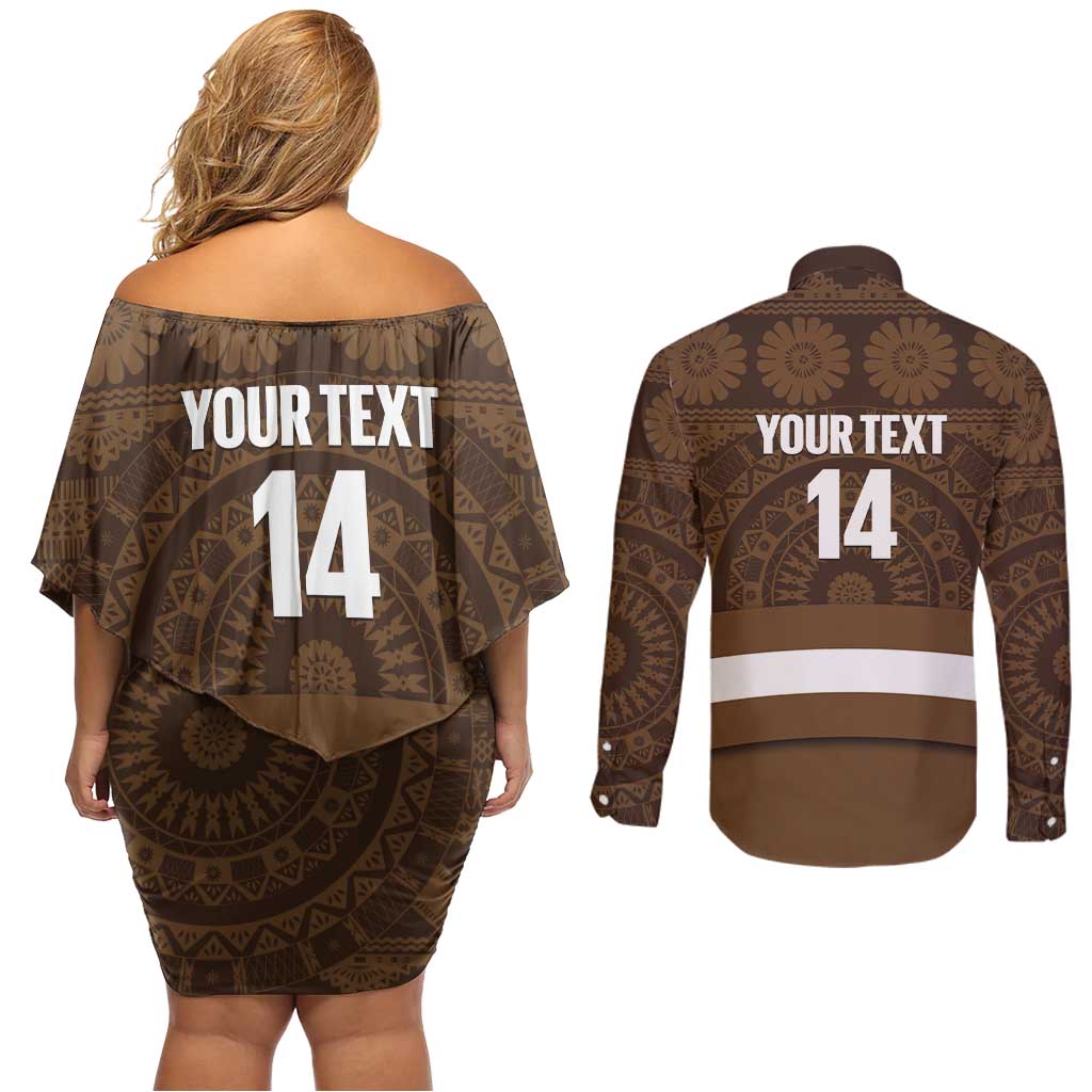Bula Fiji Football Custom Couples Matching Off Shoulder Short Dress and Long Sleeve Button Shirt One Vanua One Team Tapa Pattern
