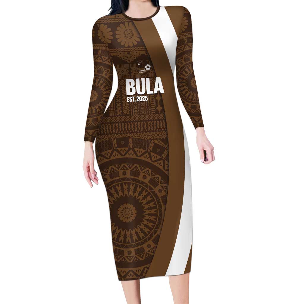Bula Fiji Football Custom Family Matching Long Sleeve Bodycon Dress and Hawaiian Shirt One Vanua One Team Tapa Pattern LT14 Mom's Dress Brown - Polynesian Pride