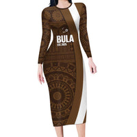 Bula Fiji Football Custom Family Matching Long Sleeve Bodycon Dress and Hawaiian Shirt One Vanua One Team Tapa Pattern LT14 Mom's Dress Brown - Polynesian Pride