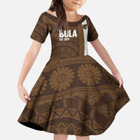 Bula Fiji Football Custom Family Matching Off The Shoulder Long Sleeve Dress and Hawaiian Shirt One Vanua One Team Tapa Pattern LT14 Daughter's Dress Brown - Polynesian Pride