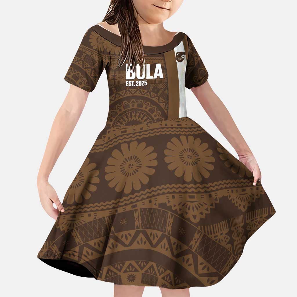 Bula Fiji Football Custom Family Matching Off Shoulder Maxi Dress and Hawaiian Shirt One Vanua One Team Tapa Pattern LT14 Daughter's Dress Brown - Polynesian Pride