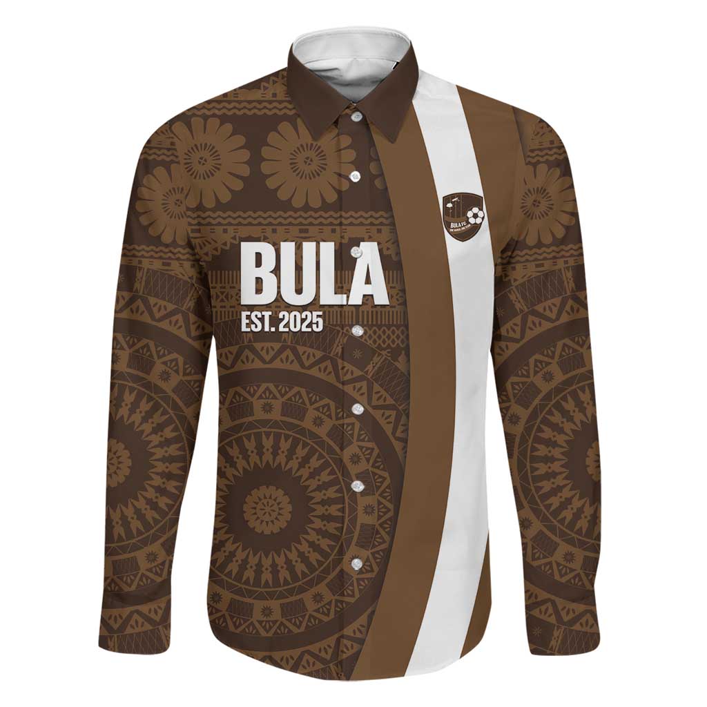 Bula Fiji Football Custom Family Matching Off Shoulder Maxi Dress and Hawaiian Shirt One Vanua One Team Tapa Pattern LT14 Dad's Shirt - Long Sleeve Brown - Polynesian Pride