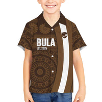 Bula Fiji Football Custom Family Matching Off Shoulder Maxi Dress and Hawaiian Shirt One Vanua One Team Tapa Pattern LT14 Son's Shirt Brown - Polynesian Pride
