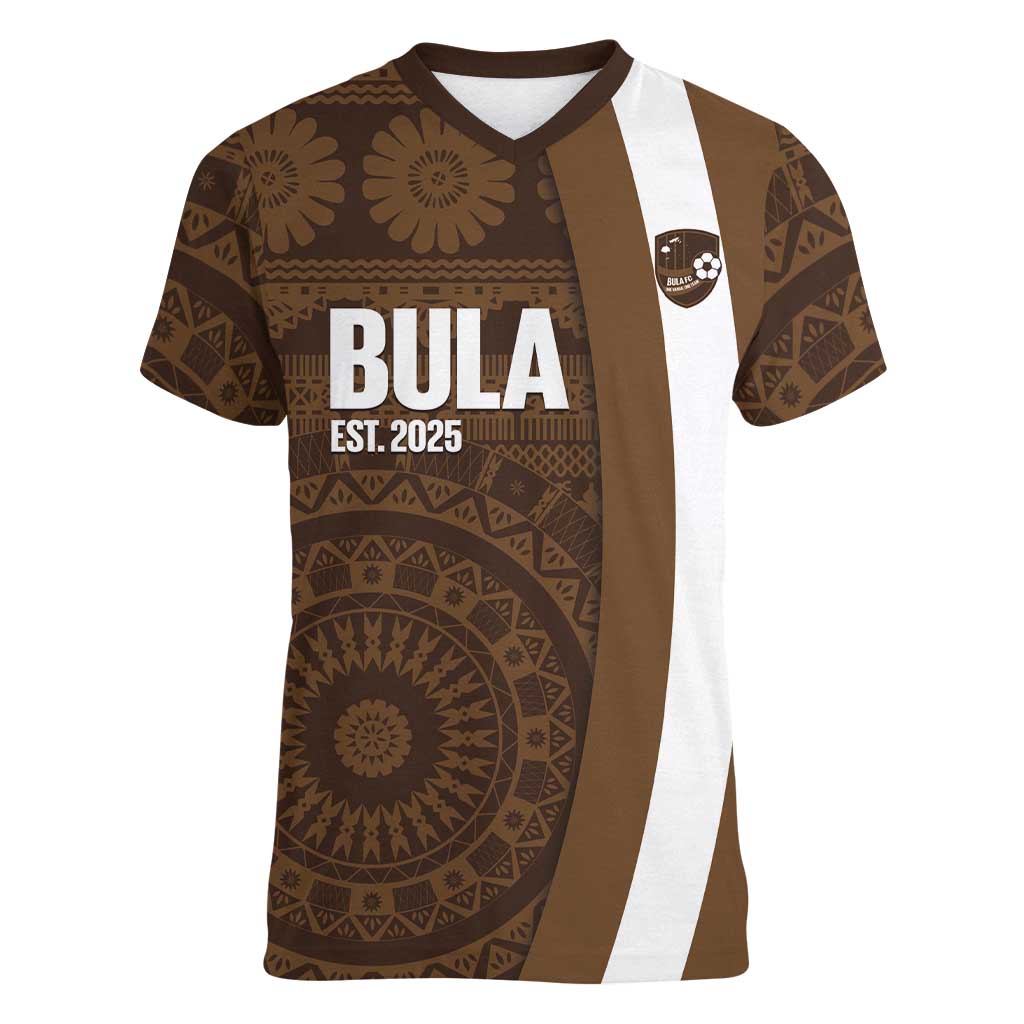 Bula Fiji Football Custom Women V-Neck T-Shirt One Vanua One Team Tapa Pattern