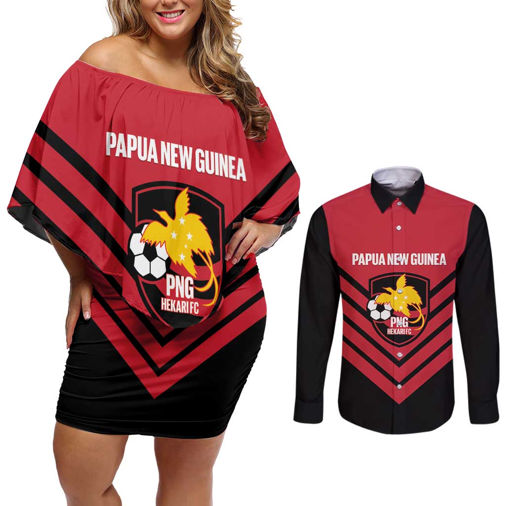 Hekari Papua New Guinea Football Custom Couples Matching Off Shoulder Short Dress and Long Sleeve Button Shirt Go PNG Red Army LT14 Red - Polynesian Pride