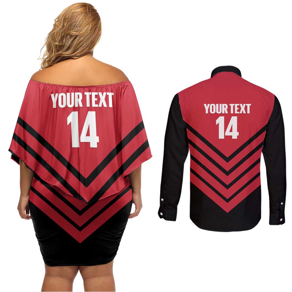 Hekari Papua New Guinea Football Custom Couples Matching Off Shoulder Short Dress and Long Sleeve Button Shirt Go PNG Red Army LT14 - Polynesian Pride