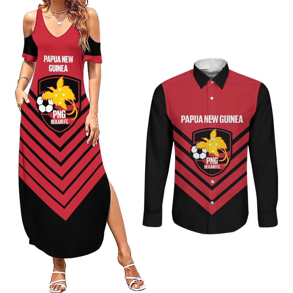 Hekari Papua New Guinea Football Custom Couples Matching Summer Maxi Dress and Long Sleeve Button Shirt Go PNG Red Army