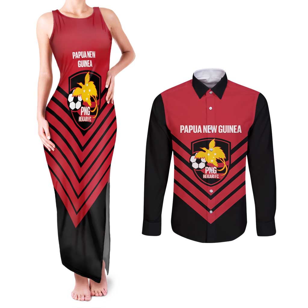 Hekari Papua New Guinea Football Custom Couples Matching Tank Maxi Dress and Long Sleeve Button Shirt Go PNG Red Army LT14 Red - Polynesian Pride