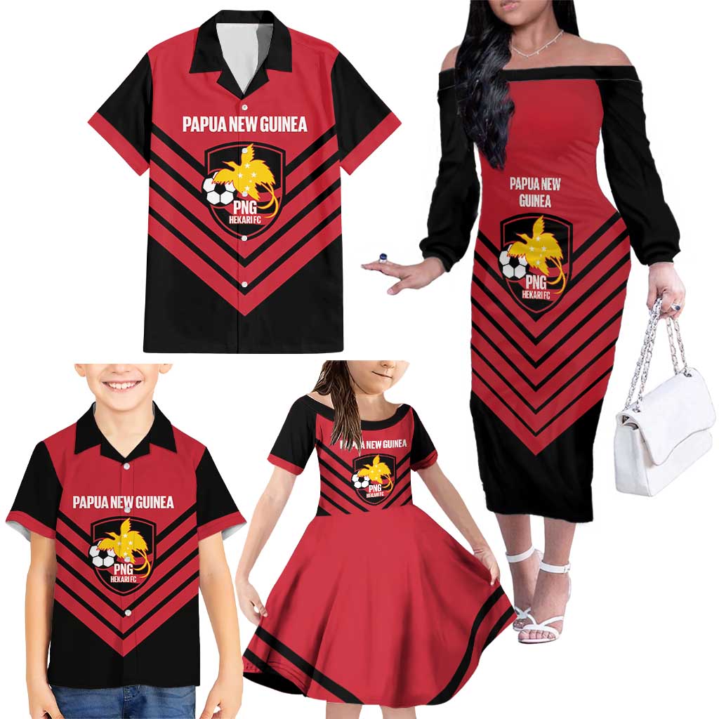 Hekari Papua New Guinea Football Custom Family Matching Off The Shoulder Long Sleeve Dress and Hawaiian Shirt Go PNG Red Army