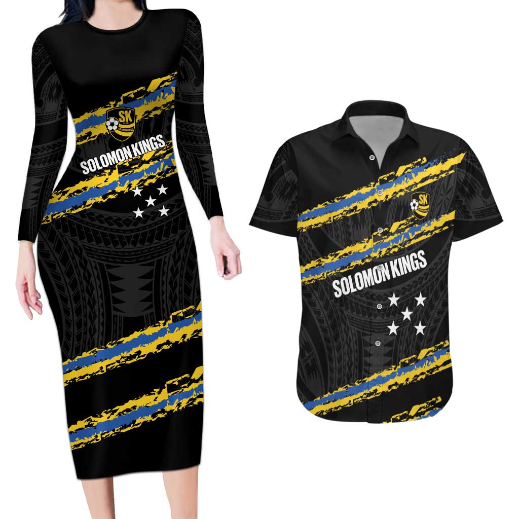 Kings Solomon Islands Football Custom Couples Matching Long Sleeve Bodycon Dress and Hawaiian Shirt Come On Solomons Polynesian Grunge Style LT14 Black - Polynesian Pride