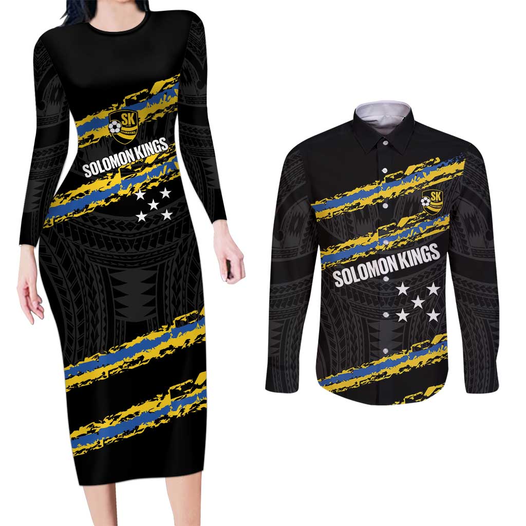 Kings Solomon Islands Football Custom Couples Matching Long Sleeve Bodycon Dress and Long Sleeve Button Shirt Come On Solomons Polynesian Grunge Style