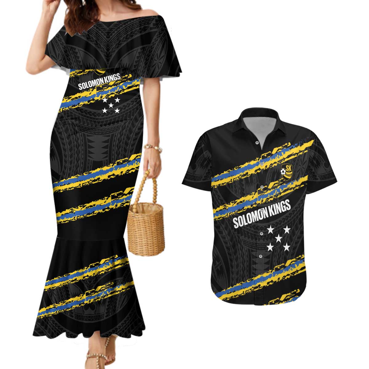 Kings Solomon Islands Football Custom Couples Matching Mermaid Dress and Hawaiian Shirt Come On Solomons Polynesian Grunge Style