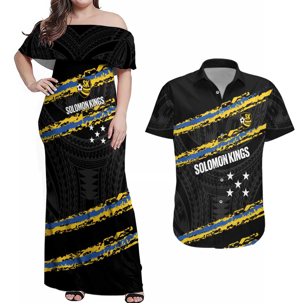 Kings Solomon Islands Football Custom Couples Matching Off Shoulder Maxi Dress and Hawaiian Shirt Come On Solomons Polynesian Grunge Style