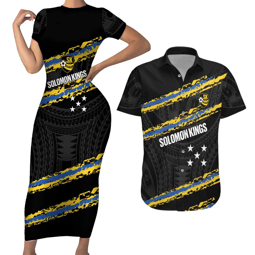 Kings Solomon Islands Football Custom Couples Matching Short Sleeve Bodycon Dress and Hawaiian Shirt Come On Solomons Polynesian Grunge Style LT14 Black - Polynesian Pride