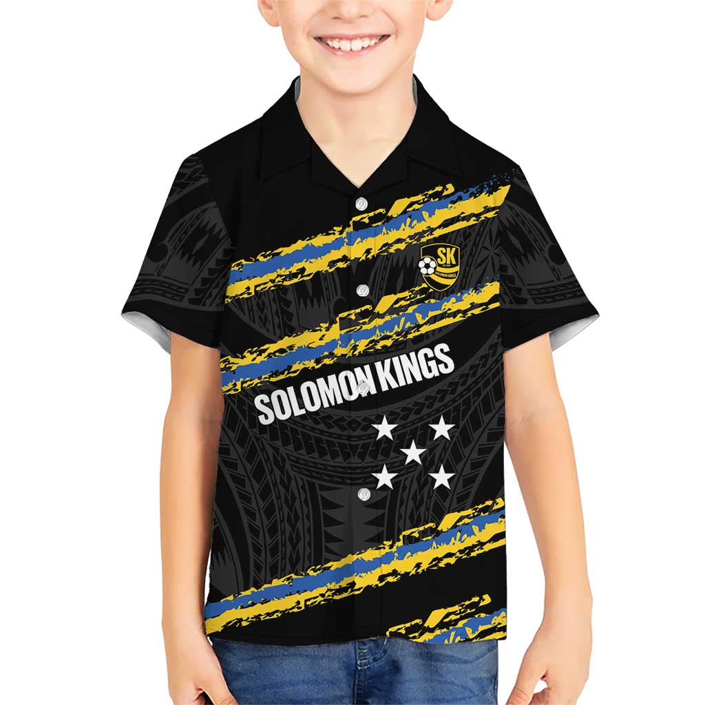 Kings Solomon Islands Football Custom Family Matching Off Shoulder Maxi Dress and Hawaiian Shirt Come On Solomons Polynesian Grunge Style LT14 Son's Shirt Black - Polynesian Pride