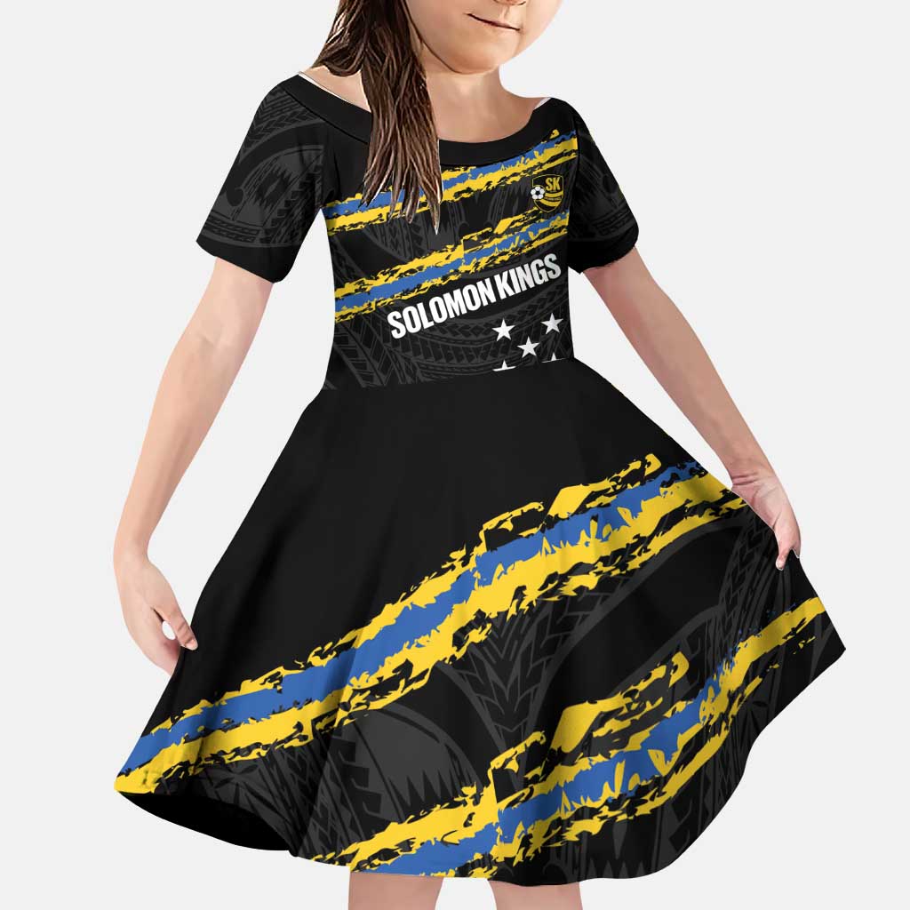 Kings Solomon Islands Football Custom Family Matching Off Shoulder Short Dress and Hawaiian Shirt Come On Solomons Polynesian Grunge Style LT14 Daughter's Dress Black - Polynesian Pride