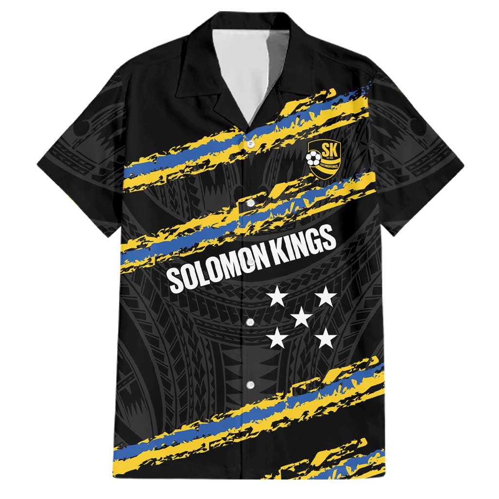 Kings Solomon Islands Football Custom Family Matching Off Shoulder Short Dress and Hawaiian Shirt Come On Solomons Polynesian Grunge Style LT14 Dad's Shirt - Short Sleeve Black - Polynesian Pride