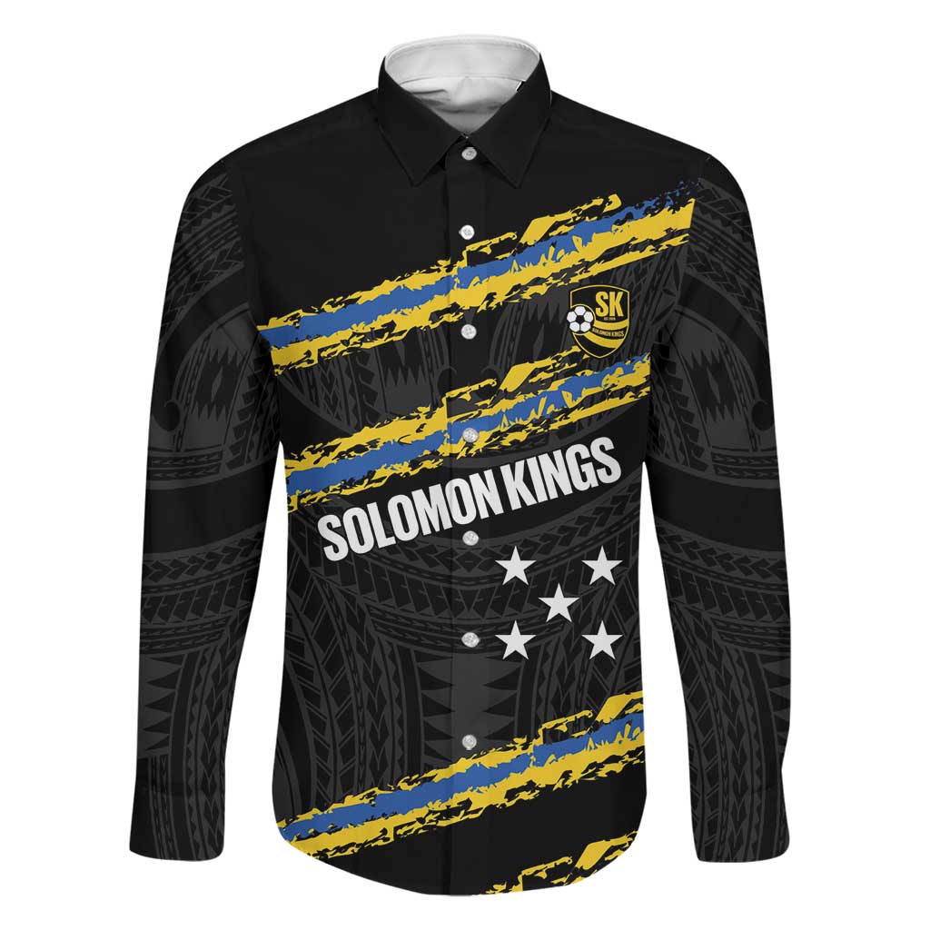 Kings Solomon Islands Football Custom Family Matching Puletasi and Hawaiian Shirt Come On Solomons Polynesian Grunge Style LT14 Dad's Shirt - Long Sleeve Black - Polynesian Pride