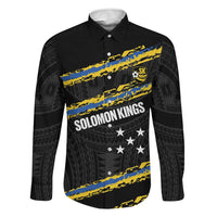 Kings Solomon Islands Football Custom Family Matching Puletasi and Hawaiian Shirt Come On Solomons Polynesian Grunge Style LT14 Dad's Shirt - Long Sleeve Black - Polynesian Pride