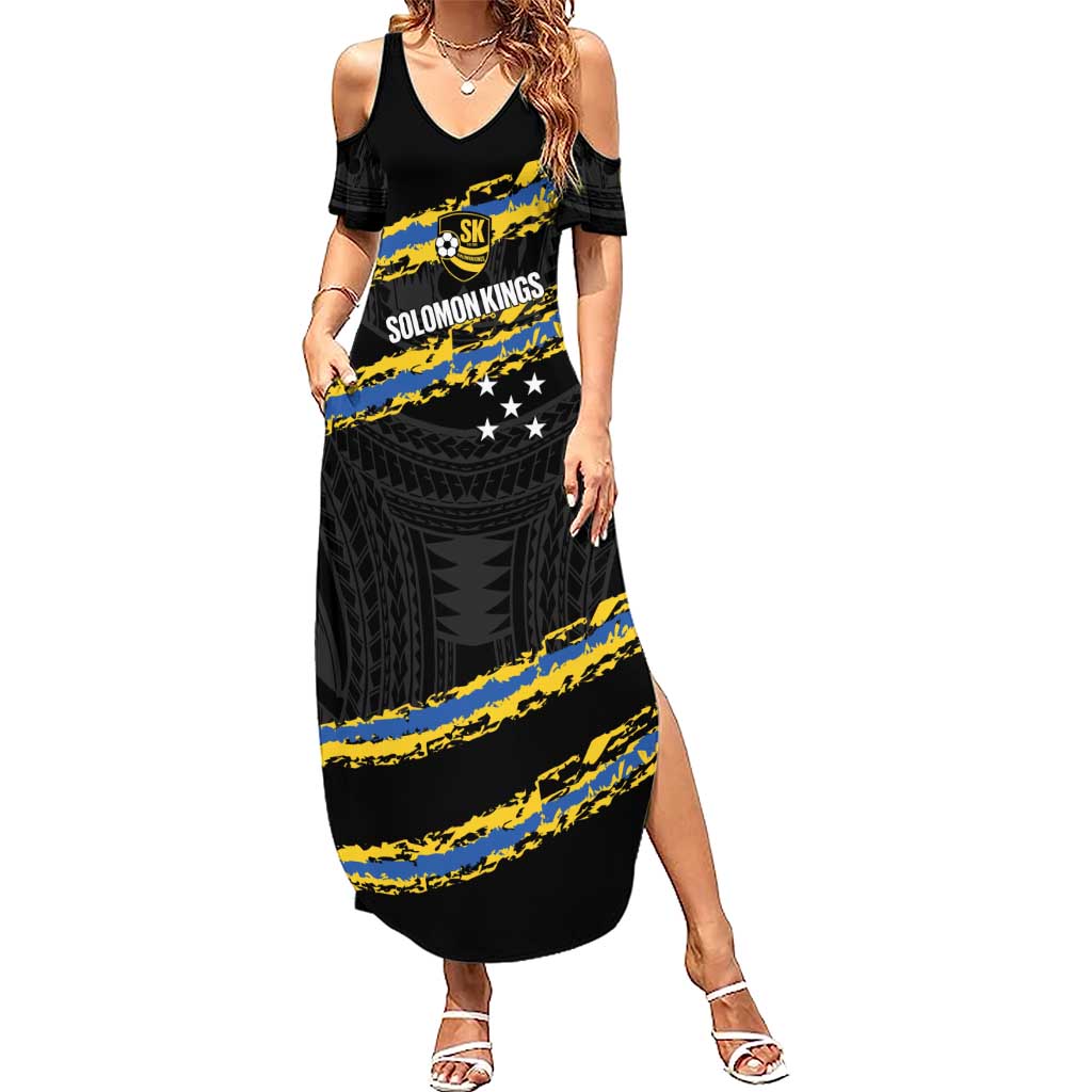 Kings Solomon Islands Football Custom Family Matching Summer Maxi Dress and Hawaiian Shirt Come On Solomons Polynesian Grunge Style LT14 Mom's Dress Black - Polynesian Pride