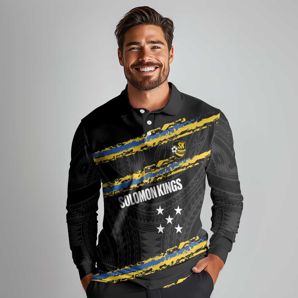 Kings Solomon Islands Football Custom Long Sleeve Polo Shirt Come On Solomons Polynesian Grunge Style
