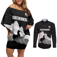 New Zealand South Island Football Custom Couples Matching Off Shoulder Short Dress and Long Sleeve Button Shirt Aoraki Mount Cook With Kiwi Maori Pattern LT14 Black - Polynesian Pride