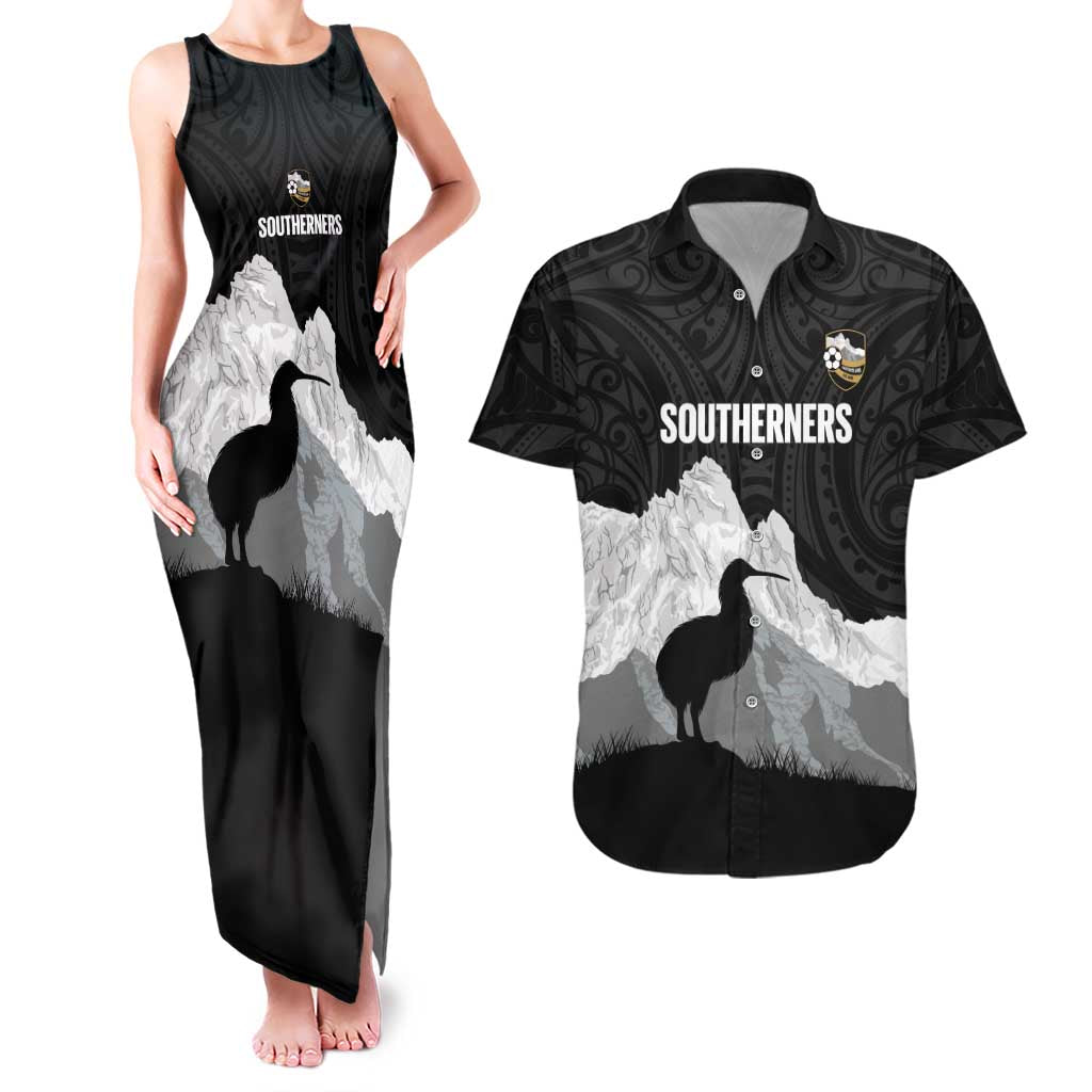New Zealand South Island Football Custom Couples Matching Tank Maxi Dress and Hawaiian Shirt Aoraki Mount Cook With Kiwi Maori Pattern