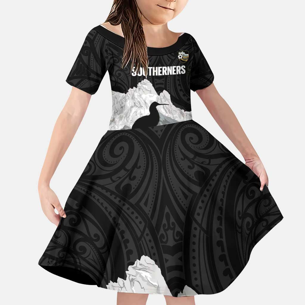 New Zealand South Island Football Custom Family Matching Mermaid Dress and Hawaiian Shirt Aoraki Mount Cook With Kiwi Maori Pattern LT14 Daughter's Dress Black - Polynesian Pride