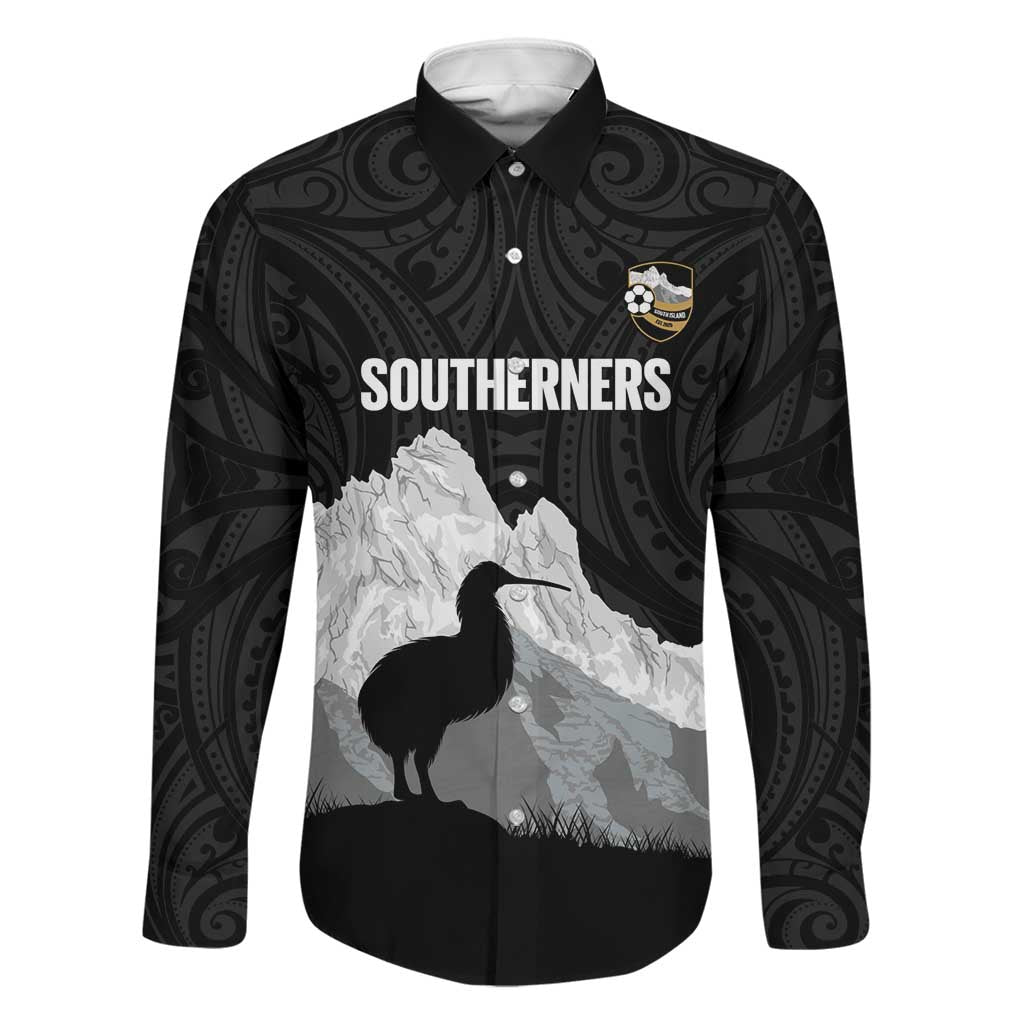 New Zealand South Island Football Custom Family Matching Off Shoulder Short Dress and Hawaiian Shirt Aoraki Mount Cook With Kiwi Maori Pattern LT14 Dad's Shirt - Long Sleeve Black - Polynesian Pride