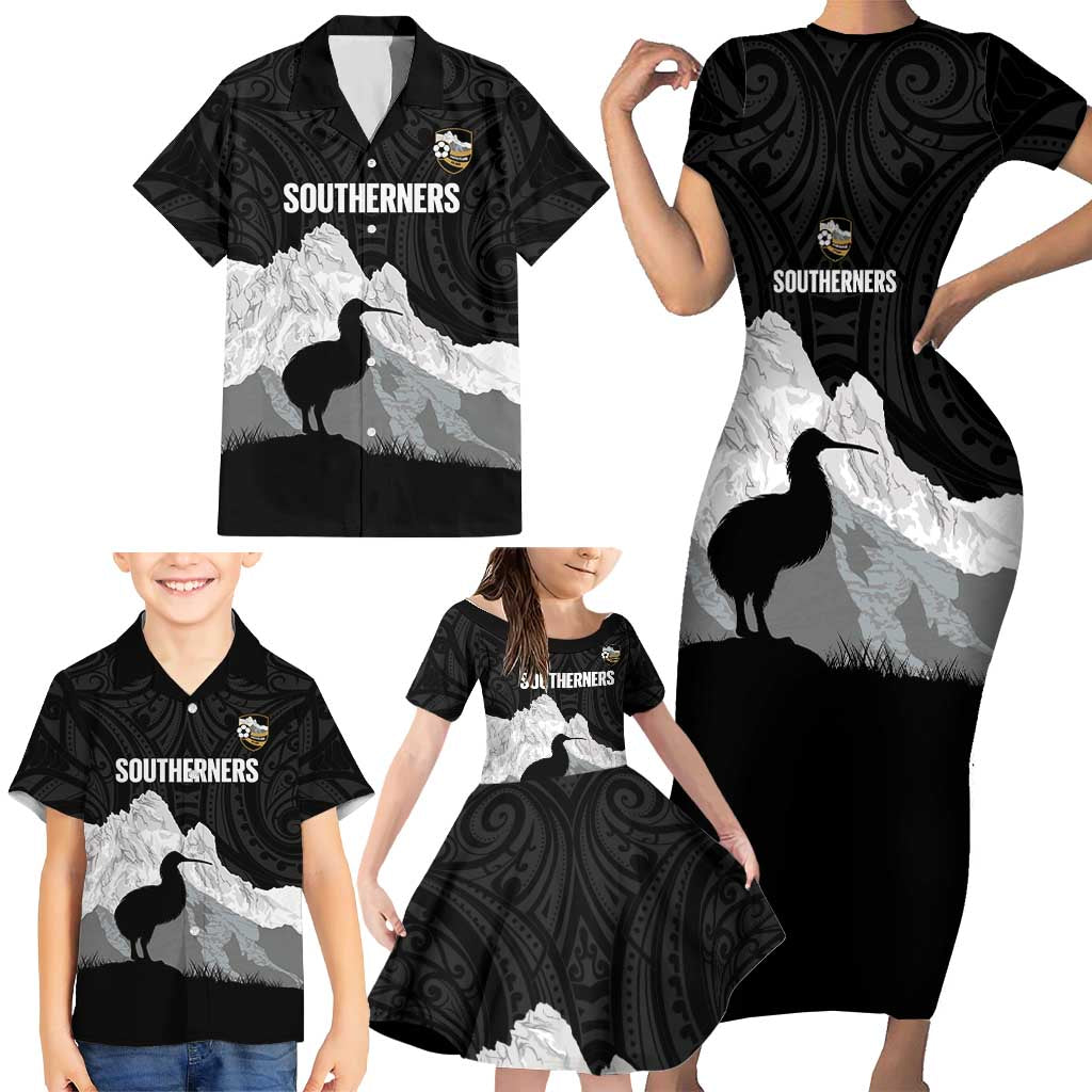 New Zealand South Island Football Custom Family Matching Short Sleeve Bodycon Dress and Hawaiian Shirt Aoraki Mount Cook With Kiwi Maori Pattern