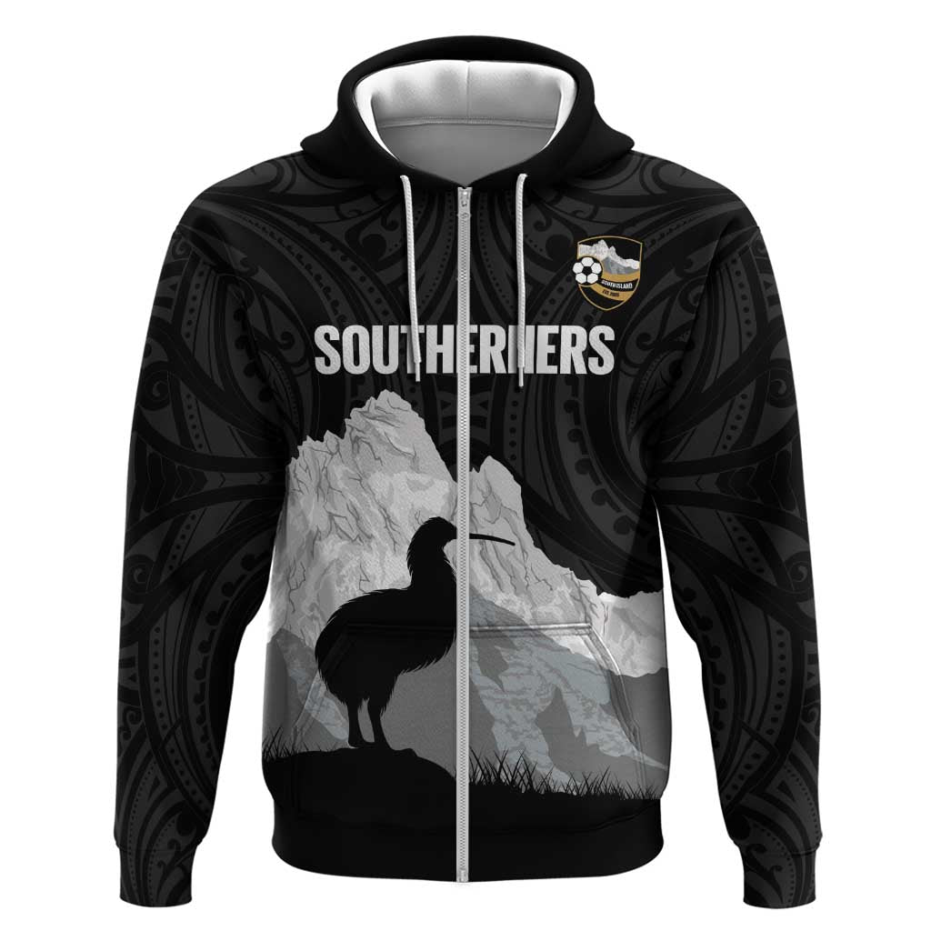 New Zealand South Island Football Custom Hoodie Aoraki Mount Cook With Kiwi Maori Pattern LT14 Zip Hoodie Black - Polynesian Pride