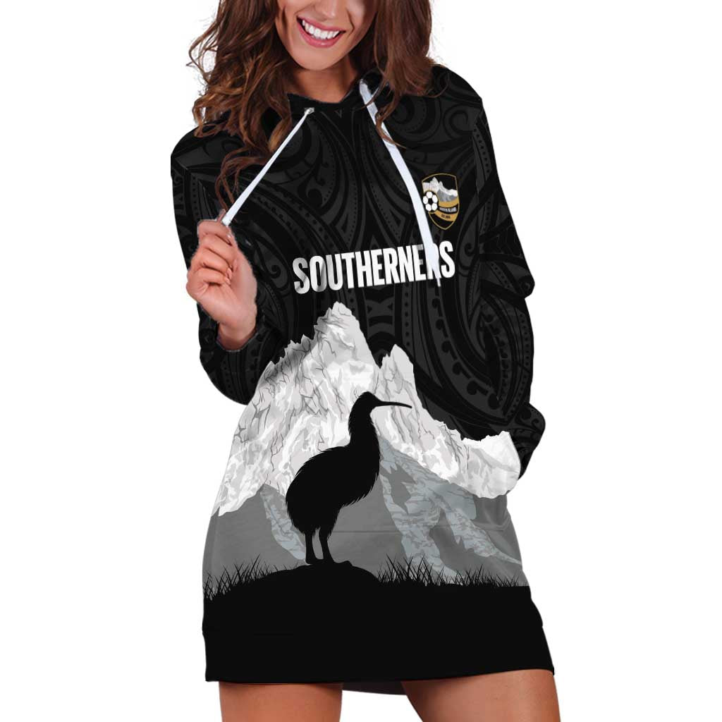 New Zealand South Island Football Custom Hoodie Dress Aoraki Mount Cook With Kiwi Maori Pattern LT14 Black - Polynesian Pride