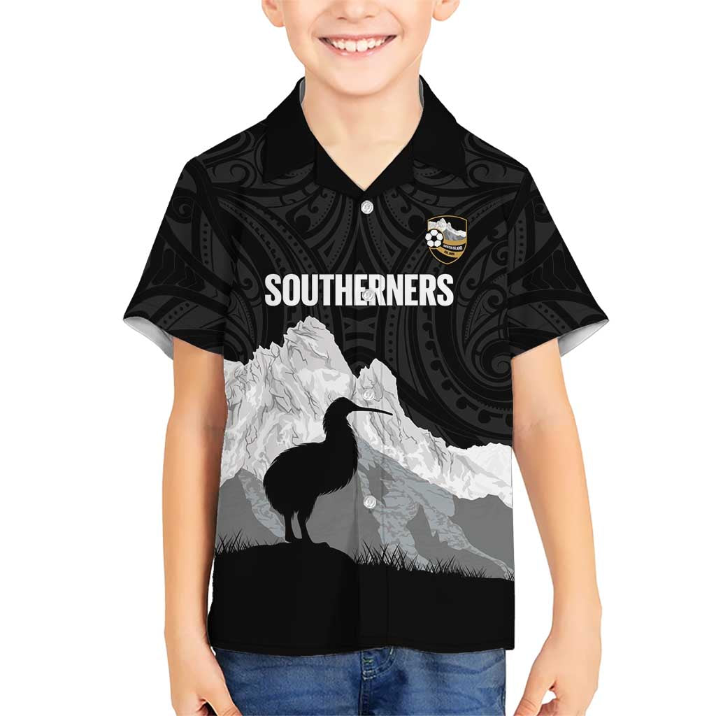 New Zealand South Island Football Custom Kid Hawaiian Shirt Aoraki Mount Cook With Kiwi Maori Pattern LT14 Kid Black - Polynesian Pride