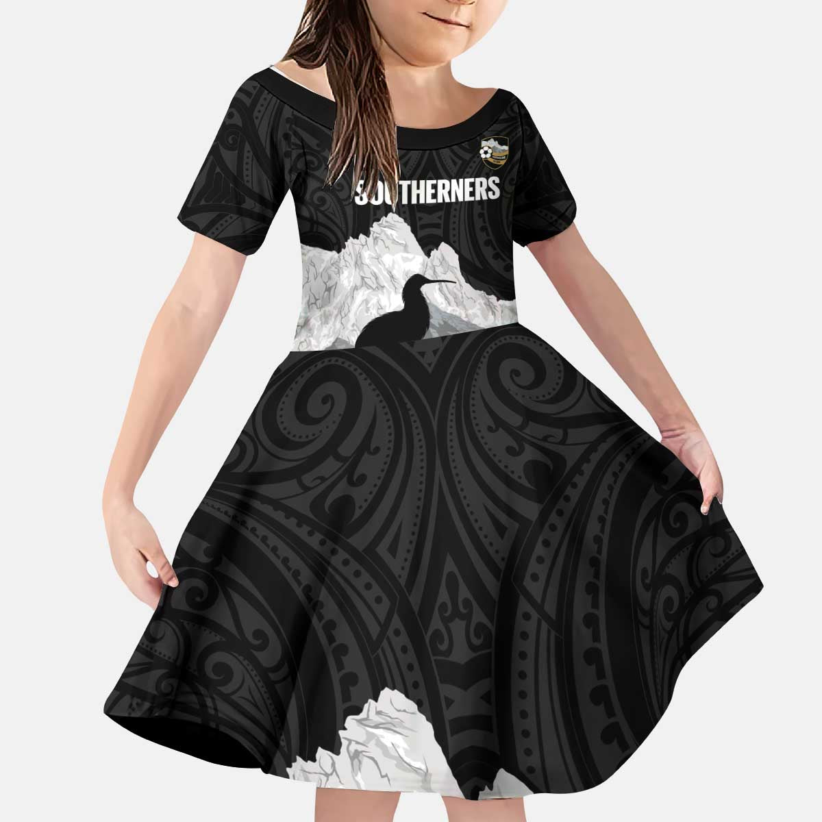 New Zealand South Island Football Custom Kid Short Sleeve Dress Aoraki Mount Cook With Kiwi Maori Pattern LT14 KID Black - Polynesian Pride