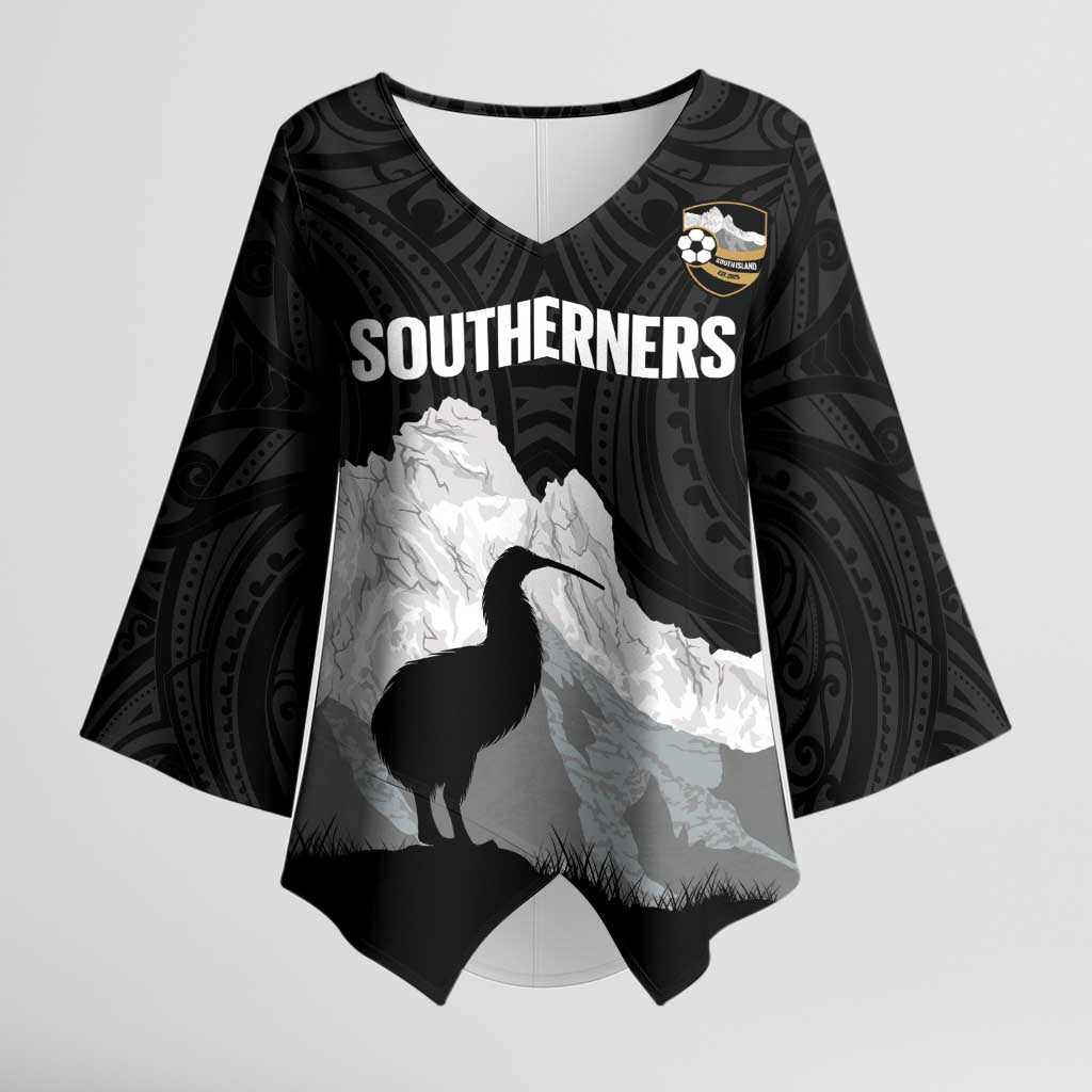 New Zealand South Island Football Custom Kimono Sleeve Blouse Aoraki Mount Cook With Kiwi Maori Pattern LT14 Female Black - Polynesian Pride