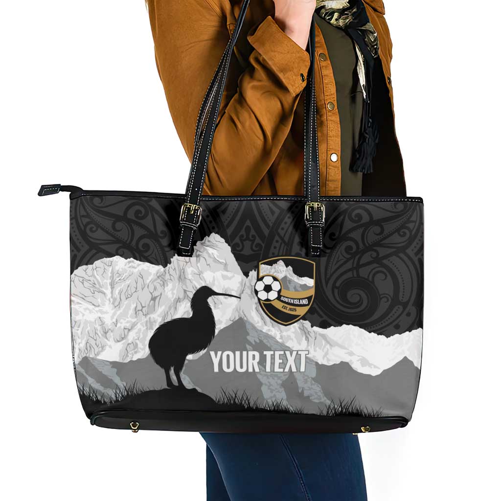 New Zealand South Island Football Custom Leather Tote Bag Aoraki Mount Cook With Kiwi Maori Pattern LT14 - Polynesian Pride