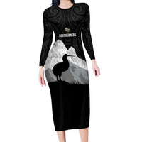 New Zealand South Island Football Custom Long Sleeve Bodycon Dress Aoraki Mount Cook With Kiwi Maori Pattern LT14 Long Dress Black - Polynesian Pride
