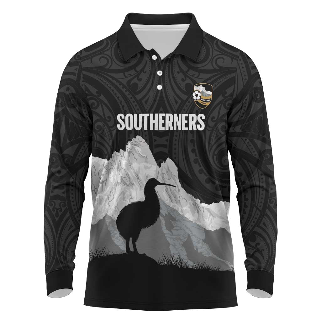 New Zealand South Island Football Custom Long Sleeve Polo Shirt Aoraki Mount Cook With Kiwi Maori Pattern LT14 Black - Polynesian Pride