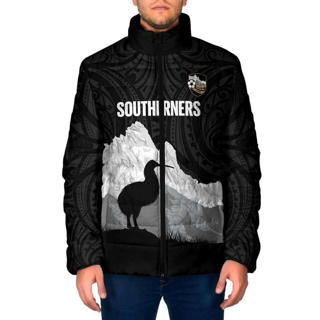 New Zealand South Island Football Custom Padded Jacket Aoraki Mount Cook With Kiwi Maori Pattern LT14 Men Black - Polynesian Pride
