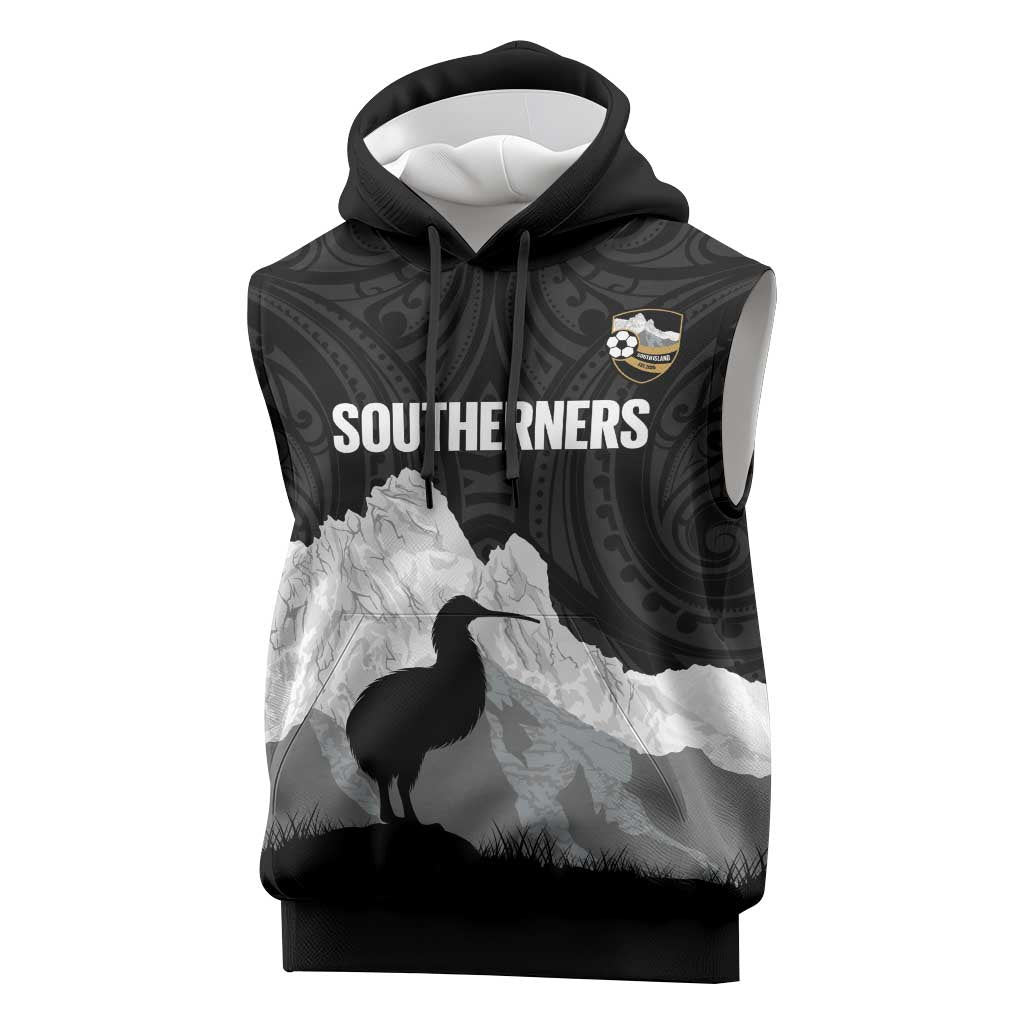 New Zealand South Island Football Custom Sleeveless Hoodie Aoraki Mount Cook With Kiwi Maori Pattern LT14 Black - Polynesian Pride