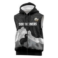 New Zealand South Island Football Custom Sleeveless Zip Hoodie Aoraki Mount Cook With Kiwi Maori Pattern LT14 Black - Polynesian Pride