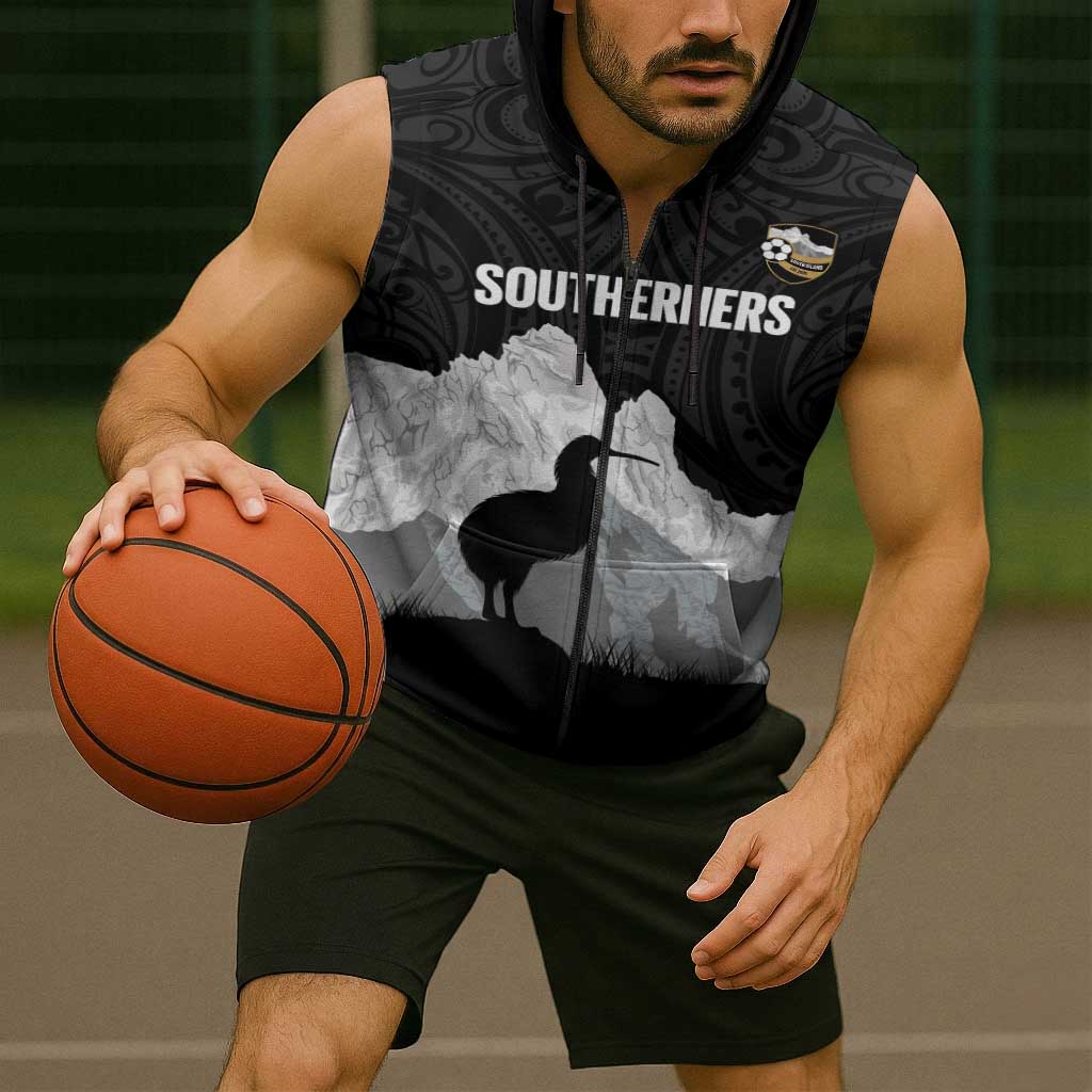 New Zealand South Island Football Custom Sleeveless Zip Hoodie Aoraki Mount Cook With Kiwi Maori Pattern LT14 - Polynesian Pride